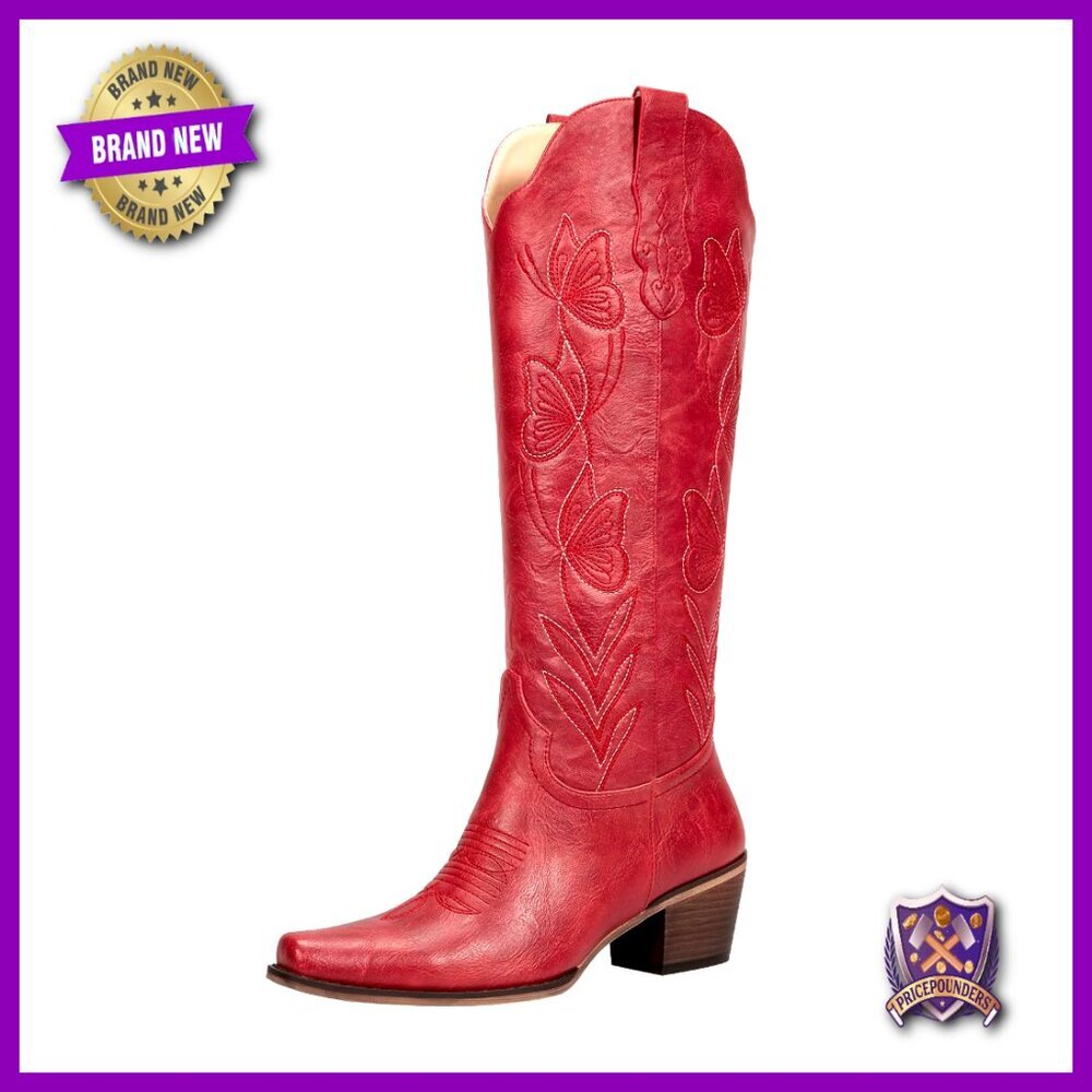 Knee High Cowgirl Boots Butterfly Embroidered Chunky Heel Zipper Vintage Western